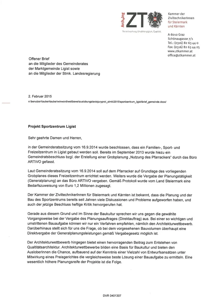 © ZT Kammer Steiermark und Kärnten ZT-Kammer: Offener Brief Projekt in Ligist