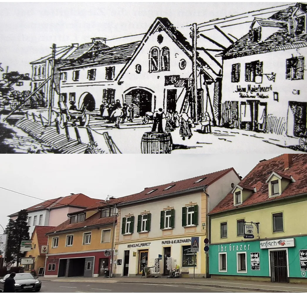 Alt-Waltendorf mit dem offenen Bacherl beim Brand 1911 und heute
