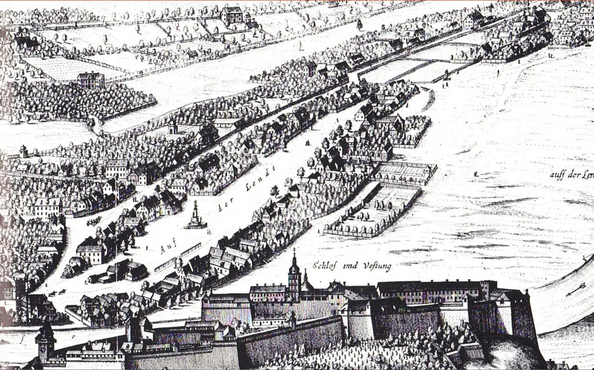 Kupferstich Lendplatz und Josefigasse Graz