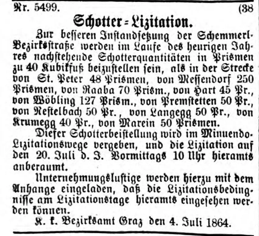 Artikel Grazer Zeitung zur Schotterlizitation vom 13-7-1864