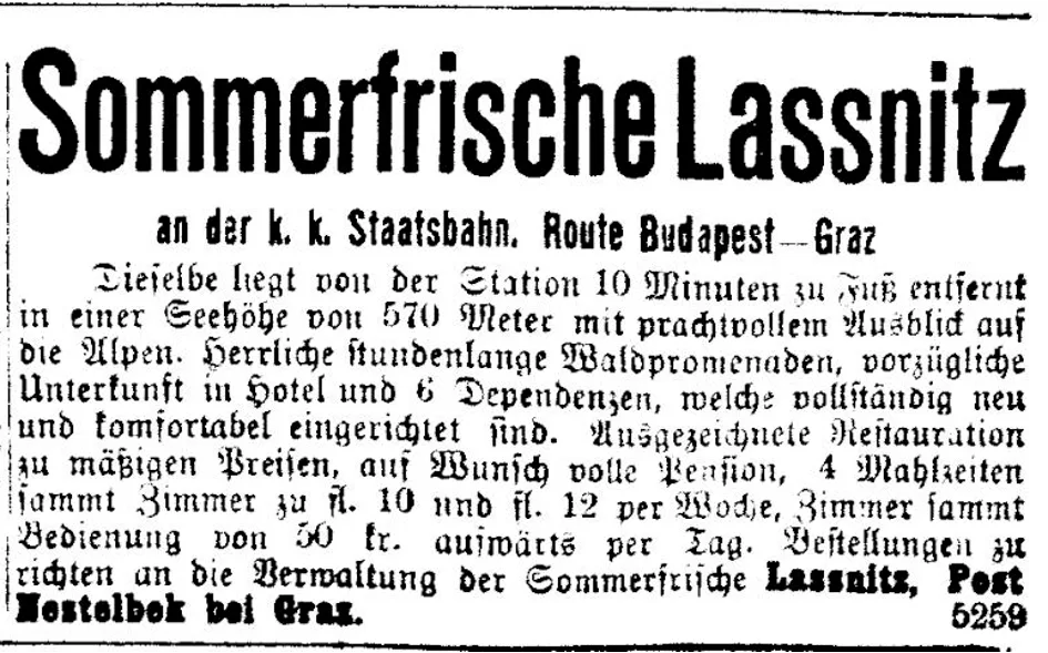 Anzeige „Sommerfrische Lassnitz“ im Pester Lloyd vom 9-7-1899