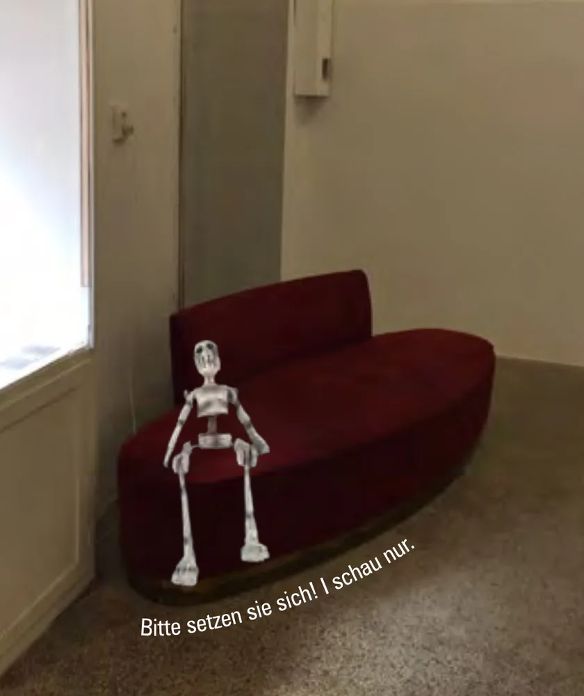 © Leo Kreisel-Strauß Rotes Sitzmöbel mit Skelettfigur