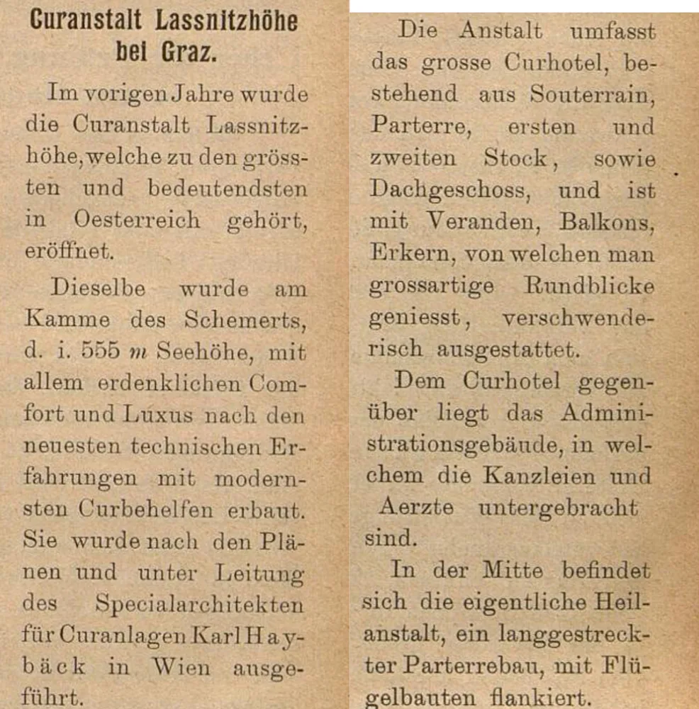 Zeitungsausschnitt über Curanstalt Lassnitzhöhe, 1902