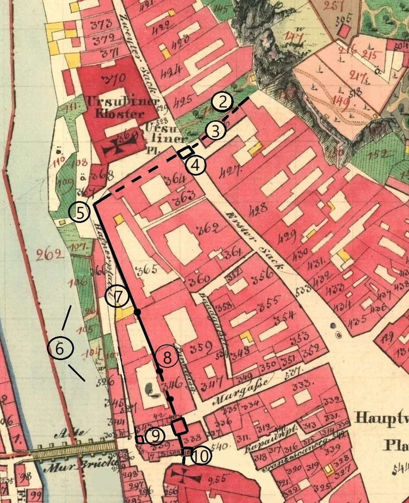 Plan der Stadtmauer Graz, Bild 1: Stadtmauer, Abschnitt 1 (Basis: Mappe zum Franzisz. Kataster 1829)