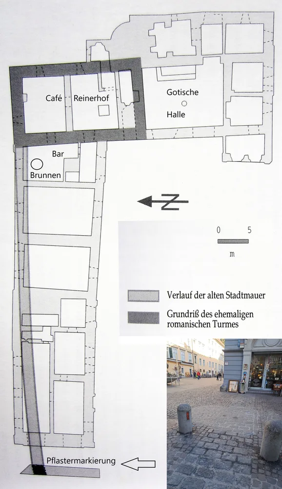 Plan und Foto von Stadtmauer im Reinerhof (nach M. Roscher) und Spuren im Pflaster