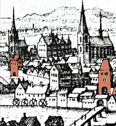 Alte Darstellung Graz, Sacktor und Murtor im 15. Jh., dazwischen der Admonterhof (Meißner, 1620)