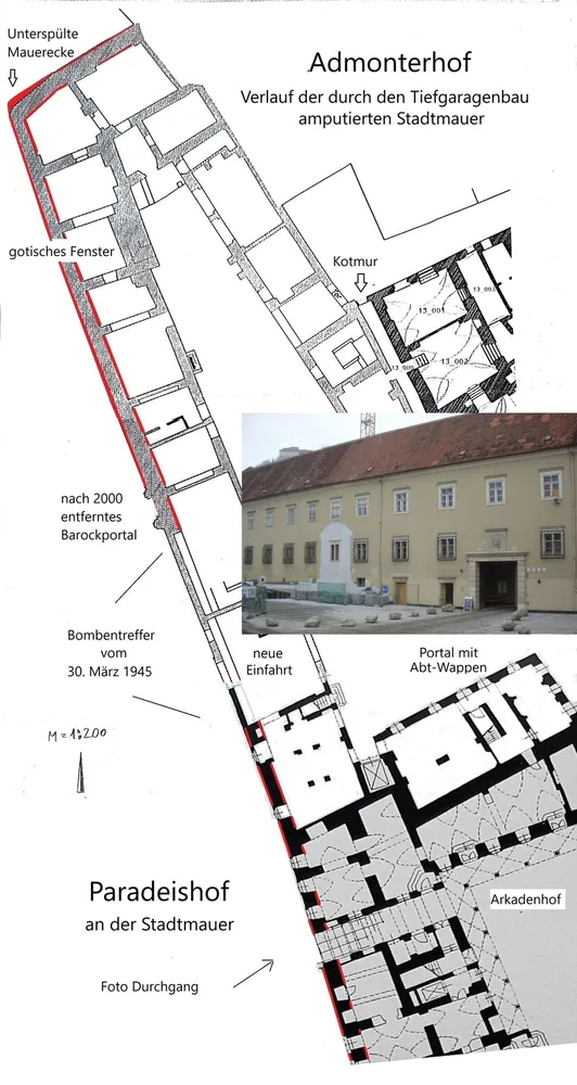 Plan und Foto, Stadtmauer im Admonter- (nach M. Lehner) und Paradeishof