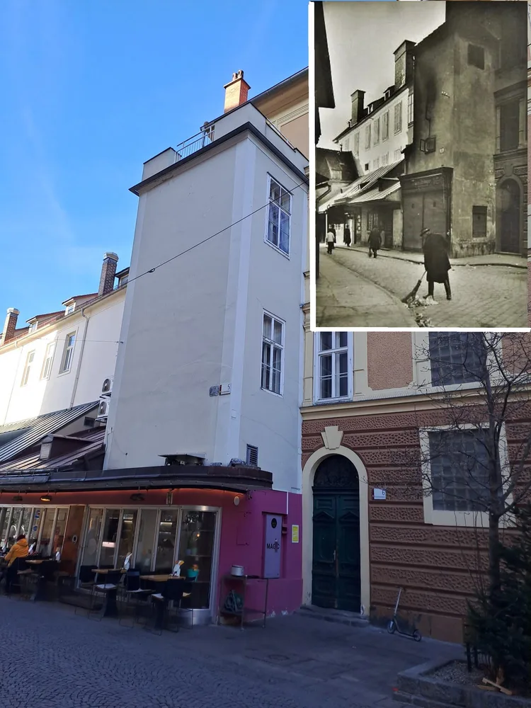 Altstadtszene Graz, Wehrturm am Franziskanerplatz, heute und 1912