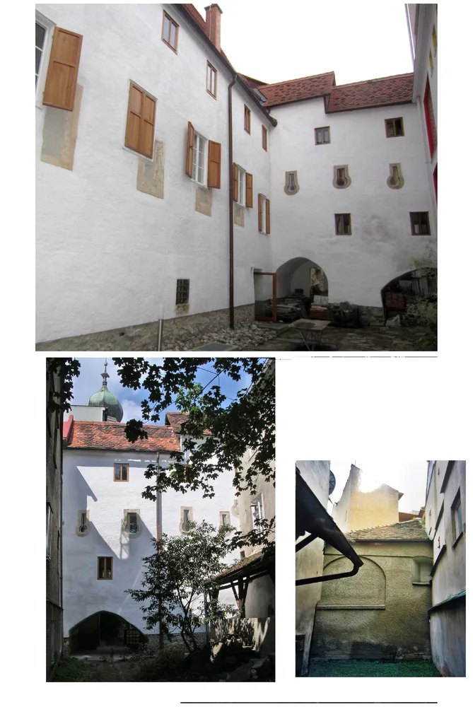 drei Fotos mit Innehof, Schießscharten, Fensterläden und Stadtmauer in graz