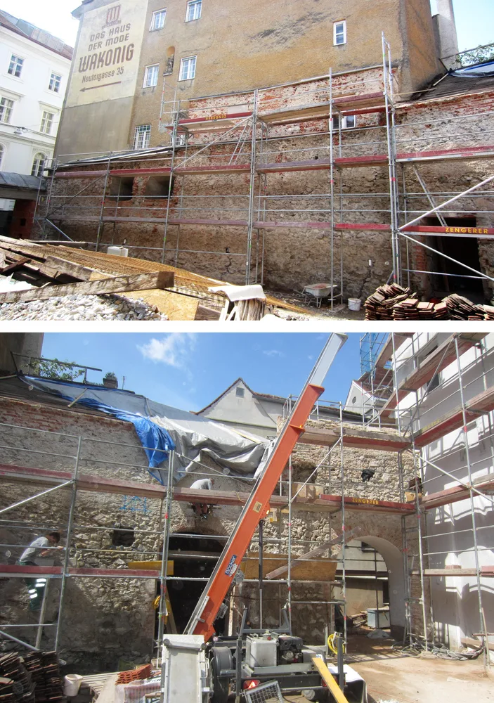 Zwei Baustellenbilder mit alter Stadtmauer Graz