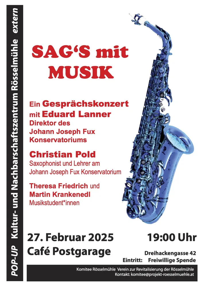 Plakat mit Saxophon zum Gesprächskonzert Rösselmühle, Graz, 2025