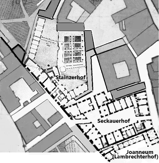 Stadtplan mit Grundrissen, Seckauerhof und Stainzerhof, Graz