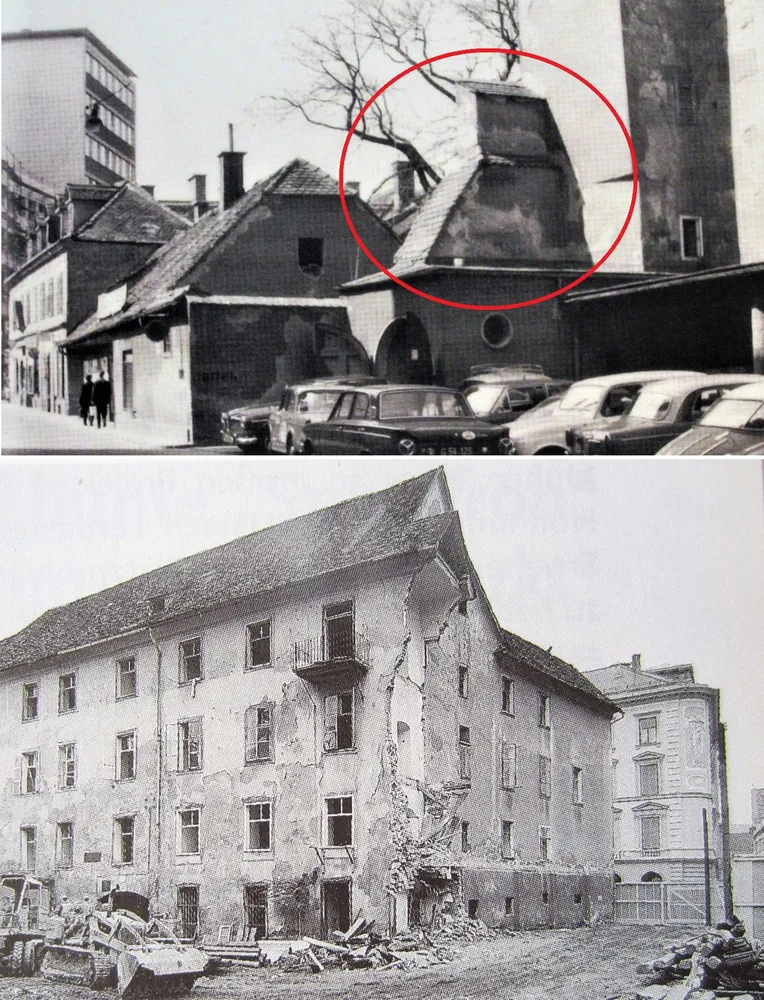 Bild 4: Stainzerhof mit Stadtmauer 1965; Abbruch 1969 (Stmk. Spark.)