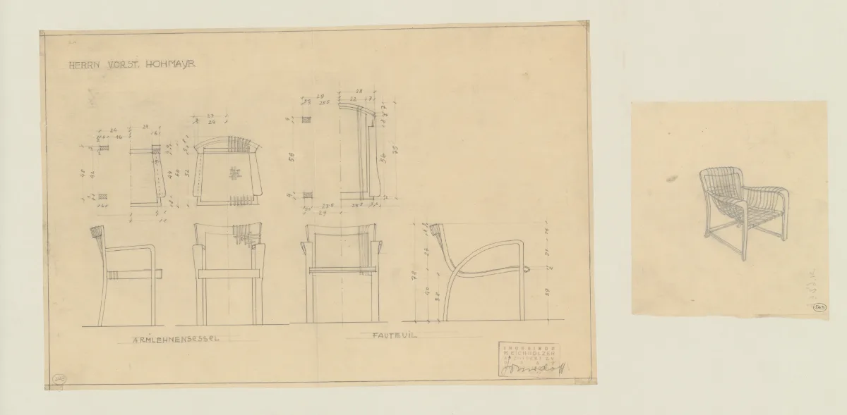 Anna Lülja Simidoff, Armlehnsessel und Fauteuil für Haus Hohmayr, Graz, 1935/36, Entwurf