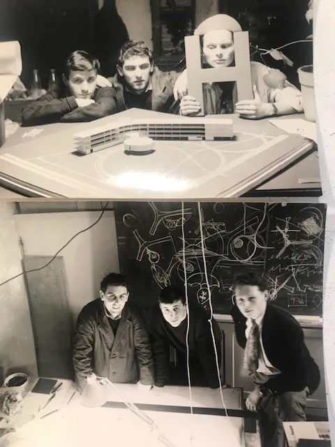 Friedrich St Florian, Eugen Gross, vor einem Modell des KELAG Wettbewerbs, 1957, Foto privat