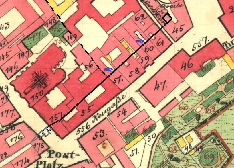Karte, Stadtmauer zwischen Südtor und Pulverturm (Franzisz. Kataster 1829)