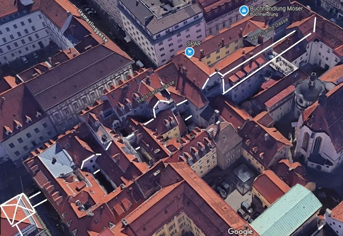 Luftbild Graz, Stadtmauer in der Hans-Sachs-Gasse (screenshot, google)