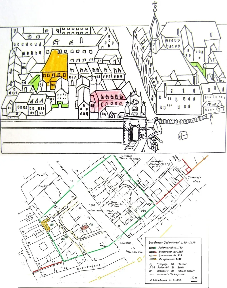 Graz, Bild 8: Judenviertel 1635 (nach Vandesype) und Skizze (Laukhardt)