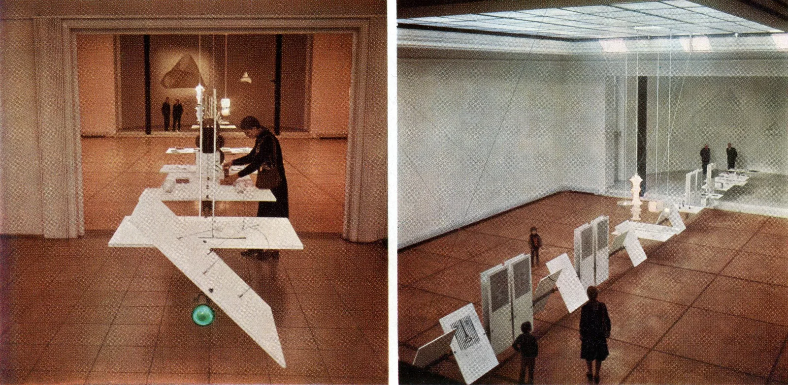 Weiße Ausstellungstafeln hintereinander gereiht, Ingrid und Jörg Mayr, Ausstellungsgestaltung Trigon 1971, Bruno Munari im Künstlerhaus Graz, aus: Domus 496 (1971)