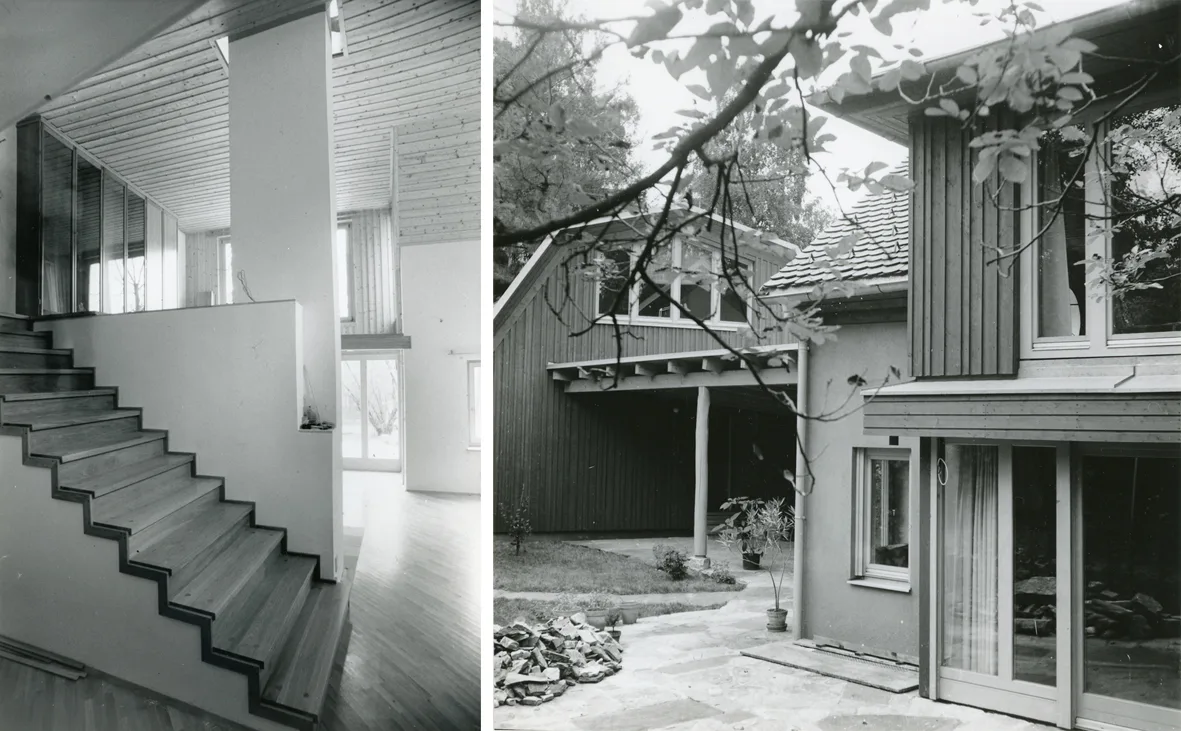 Innenraum mit Treppe und Außenansicht zweier Häuser, Ingrid und Jörg Mayr, Wohn- und Atelierhaus Mayr, Graz, 1987, © Archiv der TU Graz, Sammlung Büro Mayr