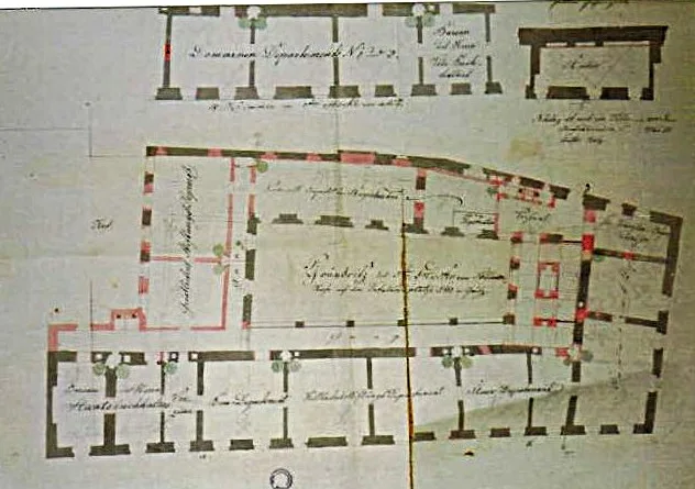 Historischer Grundriss, Graz, Mehlplatz 2, Grundriss mit Stadtmauer (StLA, 1790)