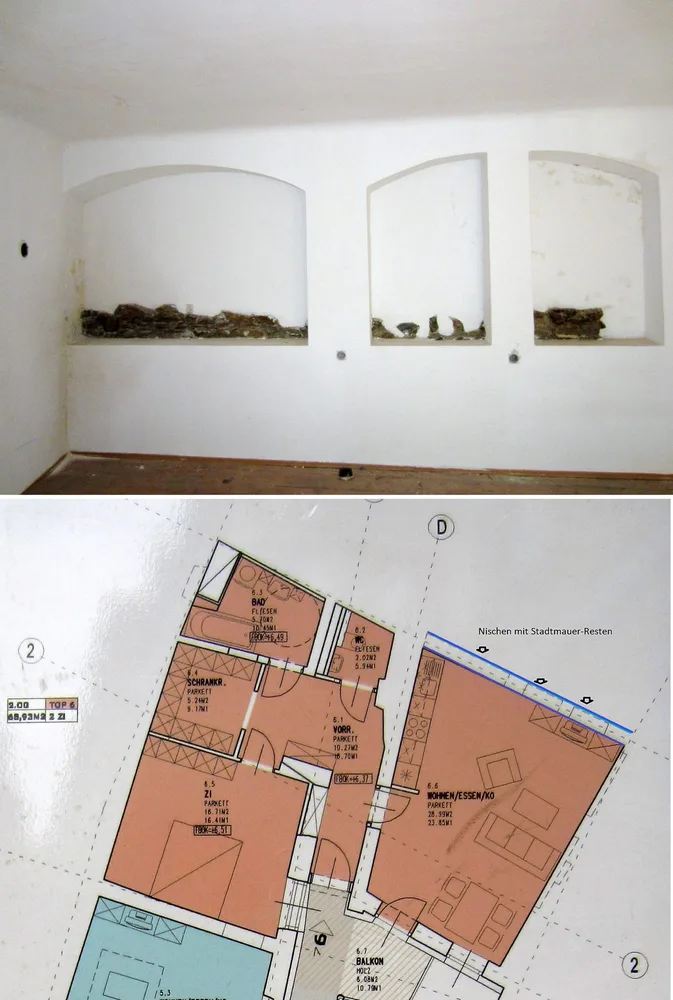 Foto über einem Plan, Graz, Färbergasse 7, Stadtmauer im 2. OG und Grundriss (StAG)