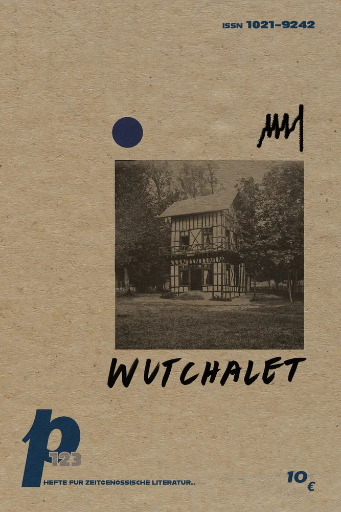 Schwarz-weiß Foto mit Fachwerkhaus im Wald, Cover der Zeitschrift perspektive #123, Gestaltung: Elke Auer