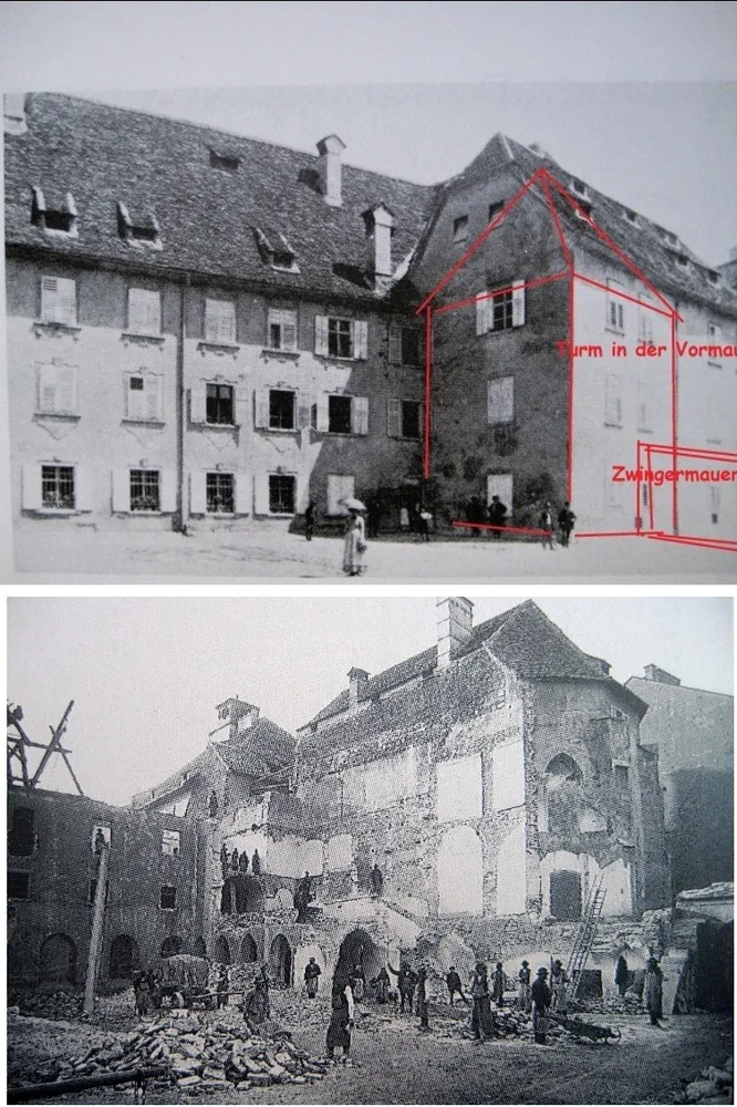 Damenstift (Turm in der Vormauer; Abriss mit Rospini-Turm 1888)