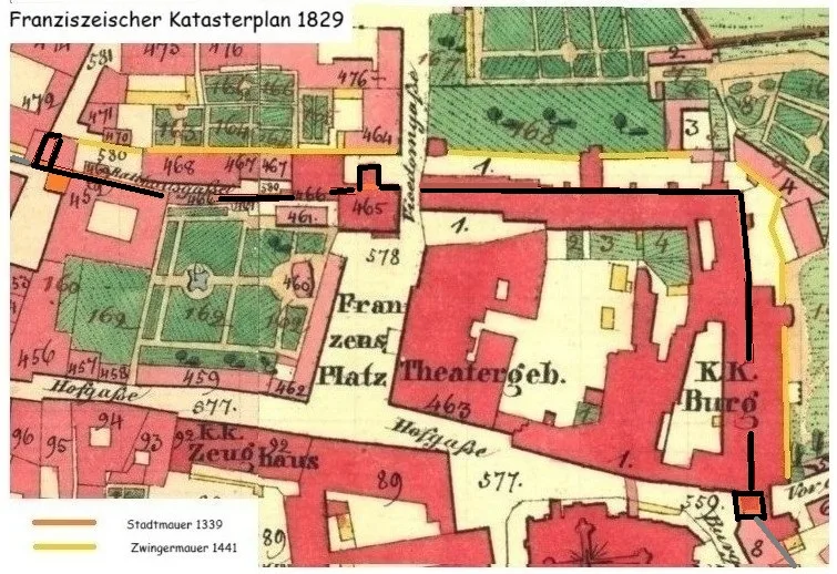Plandarstellung: Nordostecke der Stadterweiterung (Franzisz. Kataster 1829)