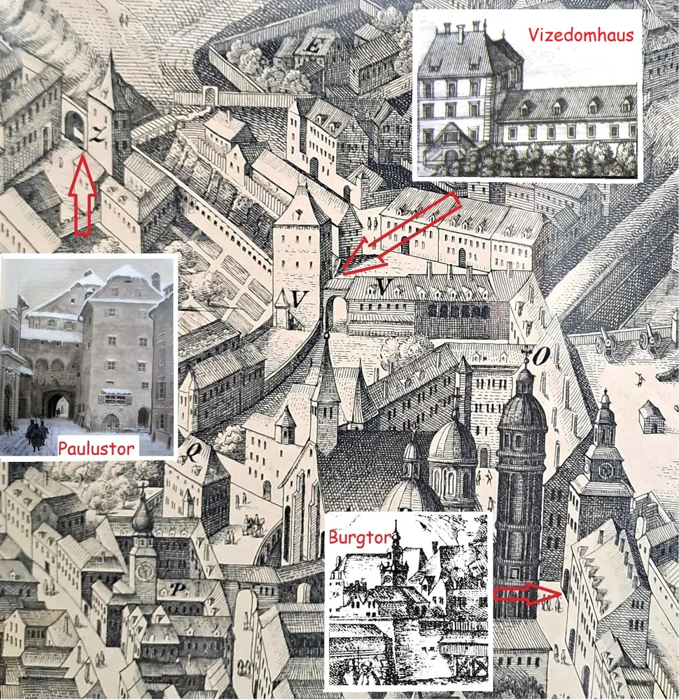Plandarstellung uns Skizzen: Bild 2: Stadtansicht (Vandesype-Hollar 1635) mit Burgtor, Vizedomamt und Paulustor