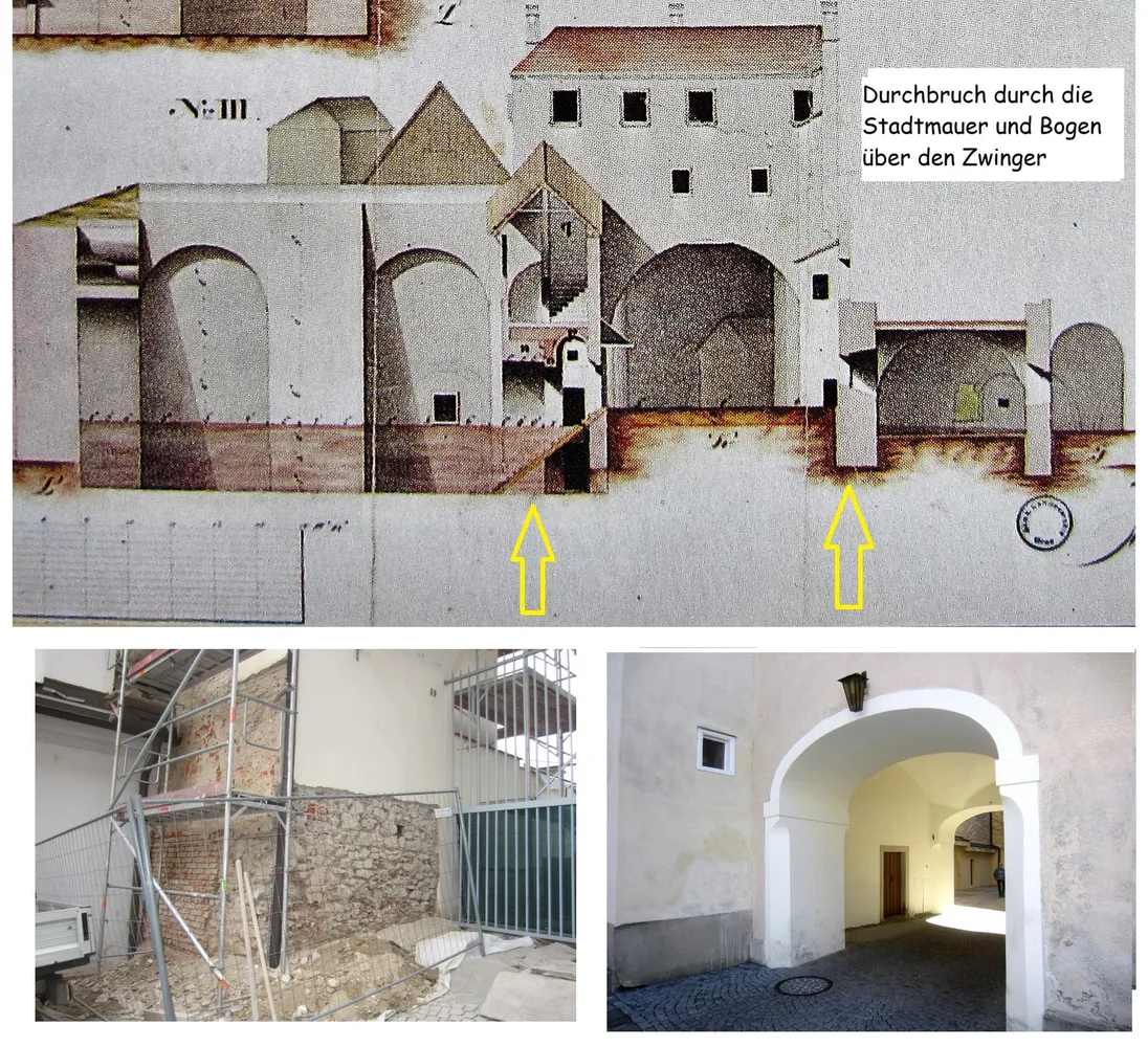 Plandarstellung und Fotos: Durchbruch durch die Stadtmauer und Bogen über den Zwinger (Schnitt StLA; Fotos Laukhardt)