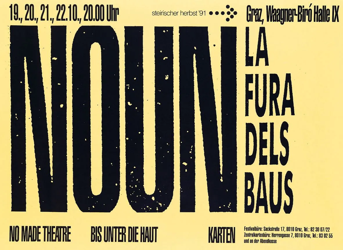 La Fura dels Baus, Ankündigung Steirischer Herbst 1991 (Screenshot Mraček, bearbeitet https://lafura.com/obras/noun)