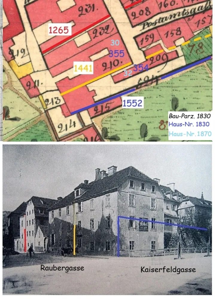 Stadtmauern Raubergasse (Franz. Kat. 1829, Foto Leopold Bude um 1900), (Skizze Laukhardt)