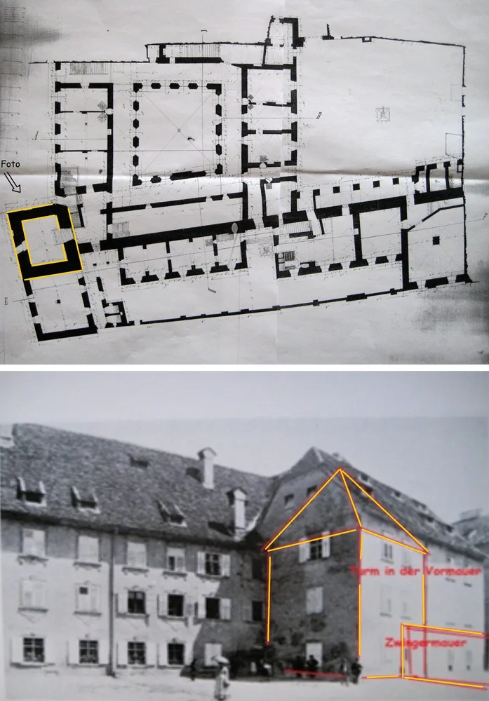 Turm in der Vormauer 1855 (Grundriss, Foto Bude mit Montage)