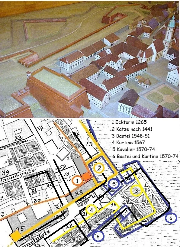 Kavalier (Stadtmodell) und Südostflanke, (Skizze Laukhardt)