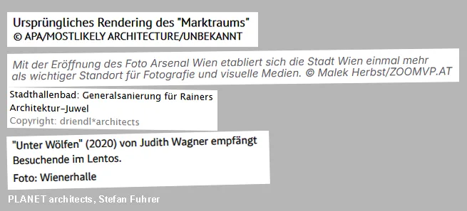 Erfahrene Zeitungsleser*innen wissen, wo zu suchen ist: Die Namen der Planer*innen finden sich mit etwas Glück in der Regel in den Copyright-Hinweisen unter den abgedruckten Bildern. Collage