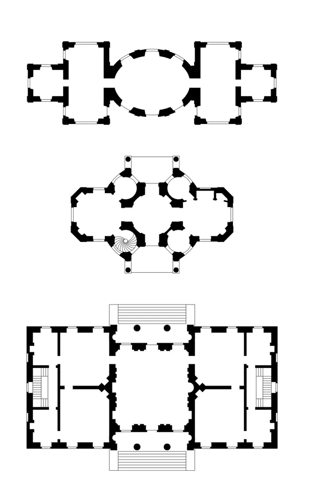 Nachzeichnung Feiersinger, Grundrissatlas: (oben). J. B. Fischer von Erlach (1656–1723), (Mitte) Jacques de La Guepiere (1669–1734), (unten) James Gibbs (1682–1754)