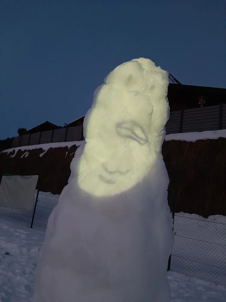 Schneefigur mit Gesicht, Town Hall Meeting, Ronni Shalev und Vero Róza Risnovska, Januar 2026, minus20degree, Flachau
