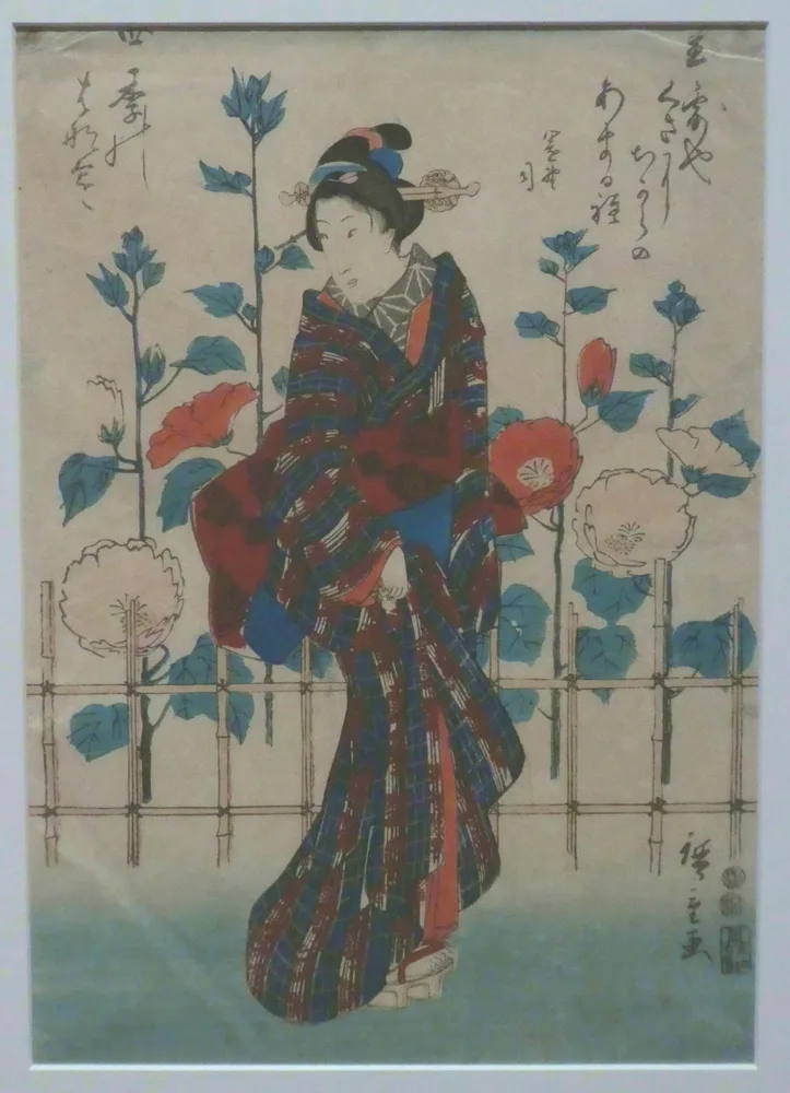 Utagawa Hiroshige (1797 – 1858), Frau am Gartenzaun vor Blumenspalier, o.J