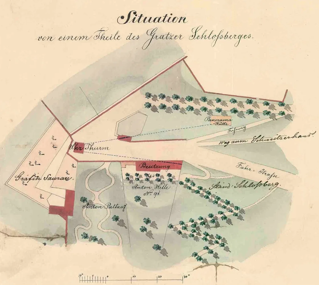 Bild 1: Teilplan des Grazer Schloßberges (Domenigg 1852, StLA, Ausschnitt)