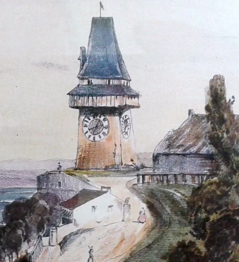 Bild 5: Helles Gasthaus, steinerner Hund und Uhrturm (Kaiser, um 1845, StLA)