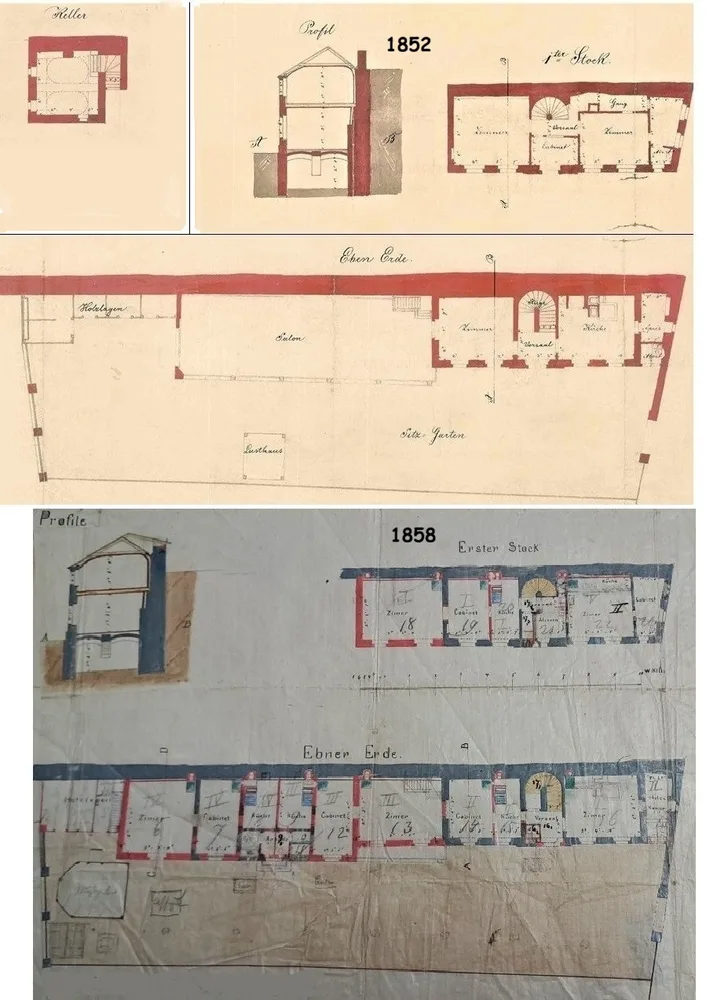 Bild 9: Helles Gasthaus 1852 (Domenigg) und Feuerwächterwohnungen 1858 (beide StLA)