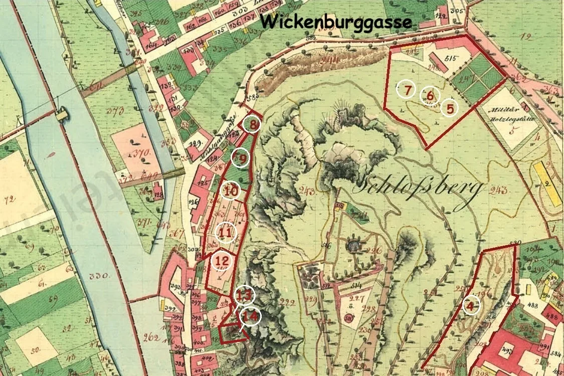 Bild 1: Die 1820 ersteigerten Schloßberganteile 4 – 12 (Franz. Kat. 1829, StLA)