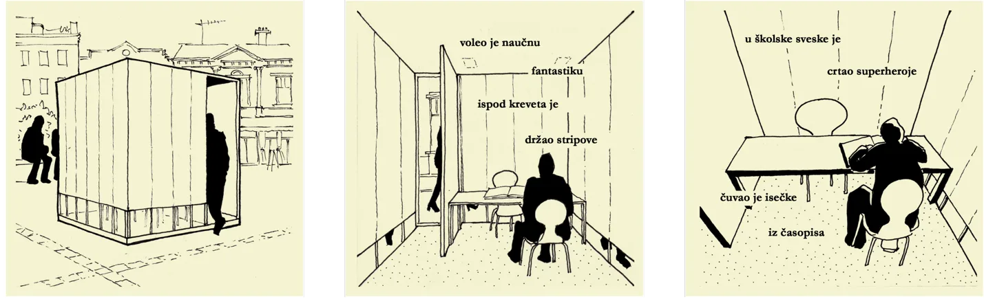 Drei Tuschezeichnungen: der Pavillon im öffentlichen Raum, eine Besucherin im Inneren am Tisch, eine erzählte Erinnerung an der Wand.