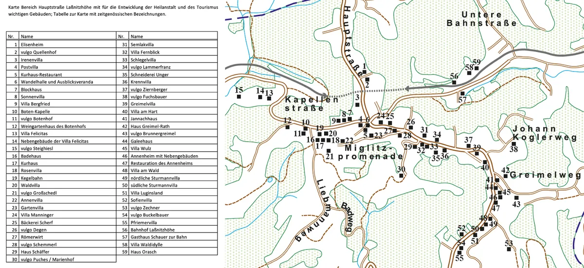 © Andreas Filipancic Übersichtskarte des Ortes Laßnitzhöhe, Steiermark, mit Baudenkmälern und Villen