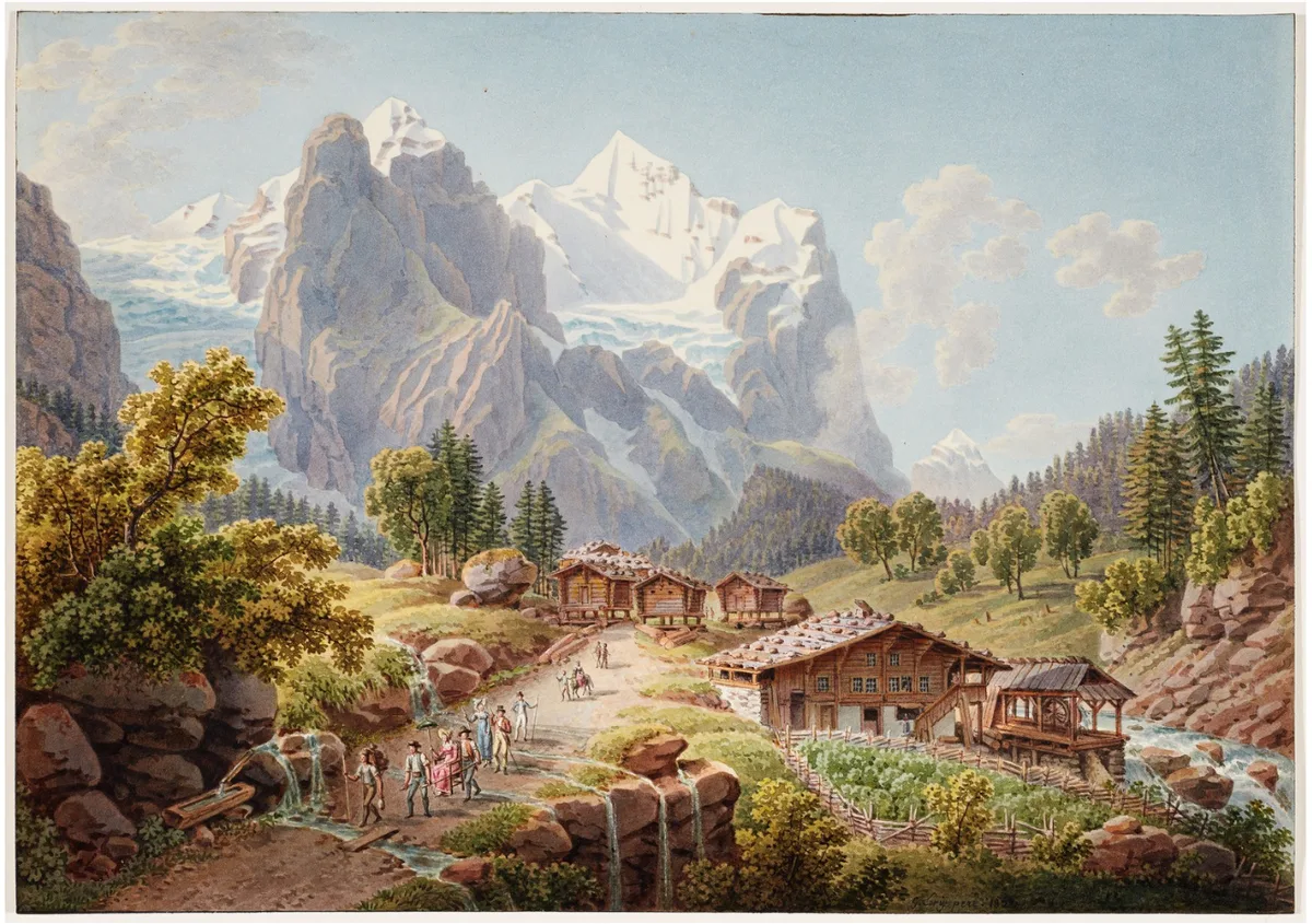 Alpine Berglandschaft mit Hütten im Vordergrund, Maler unbekannt