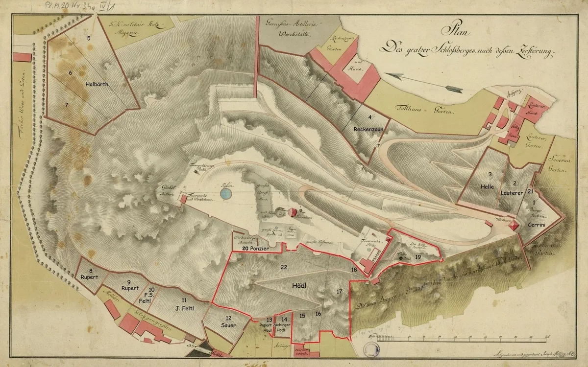 Bild 1 Erwerbungen am Schloßberg ab 1820 (nach Melling 1819, StLA)