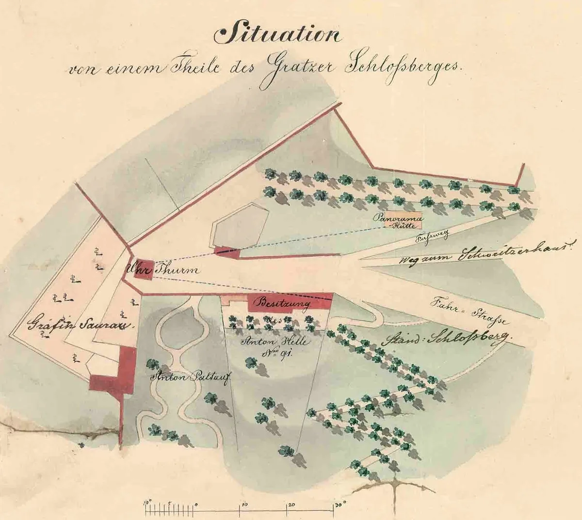 Bild 1: Teilplan des Grazer Schloßberges (Domenigg 1852, StLA, Ausschnitt)
