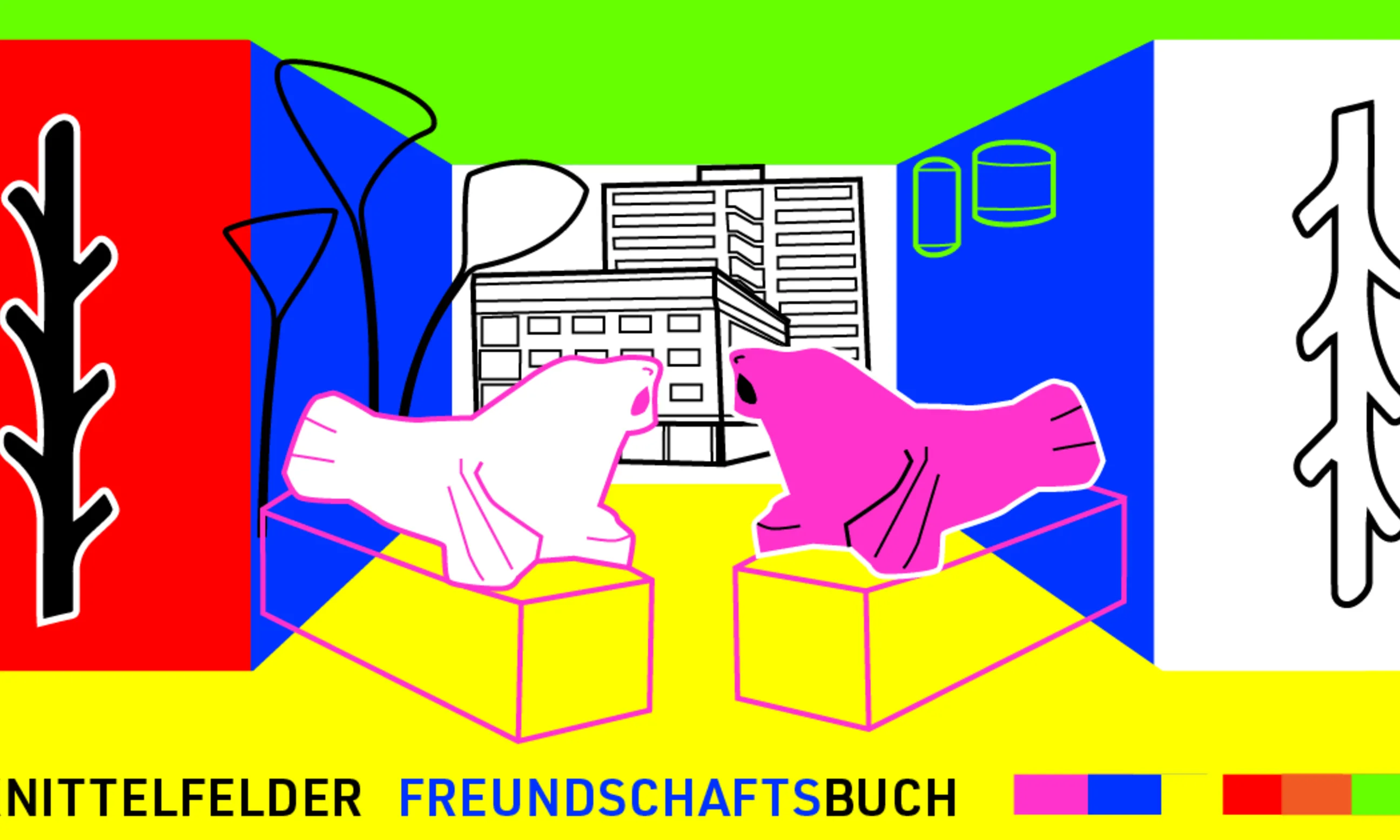 Bunte Zeichnung mit 2 Robben auf Sockeln vor einem Hochhaus