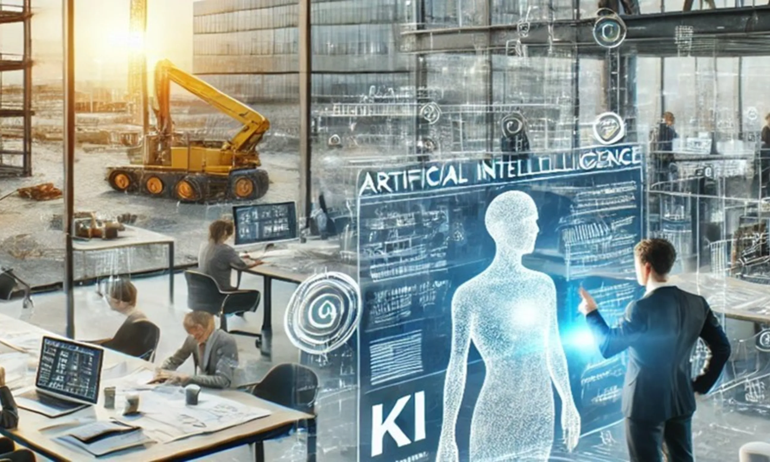 Futuristische Bürolandschaft mit Baustelle im Hintergrund